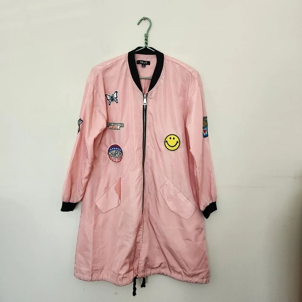 Y2K 36.5 Pink Longline Bomber Jacket with Patches Womens S Windbreaker Retro